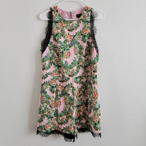 TOPSHOP Pink Floral Lace Trim Mini Short Romper